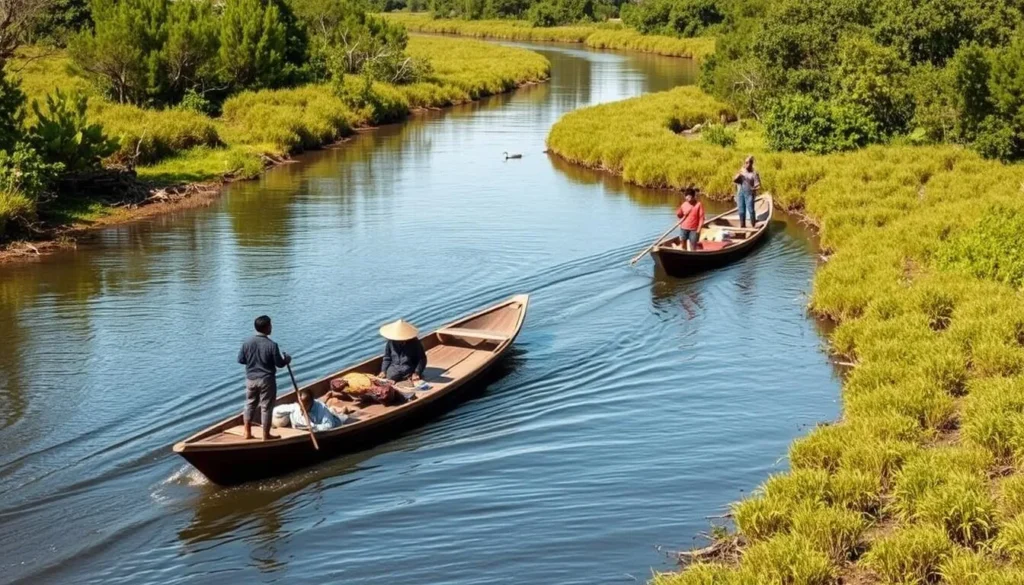 Traditional boat transportation on a river in the lowland areas of Lorentz National Park Traditional boat transportation on a river in the lowland areas of Lorentz National Park