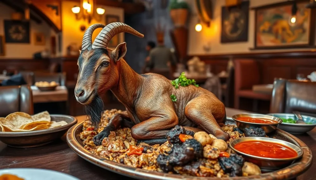 Traditional cabrito (roast kid goat) dish being served in a restaurant in Monterrey