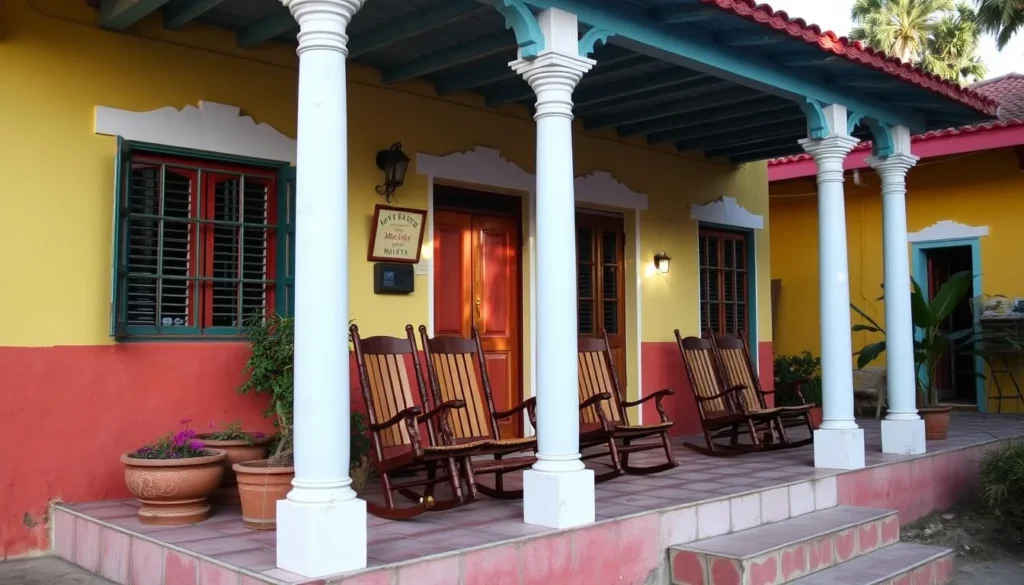 Traditional casa particular in Bartolome Maso with colorful facade and rocking chairs on the porch