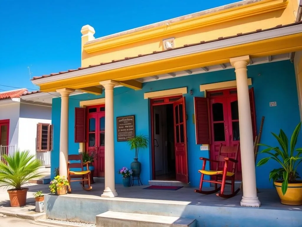 Traditional casa particular in Cacocum, Cuba with colorful facade and rocking chairs on the porch
