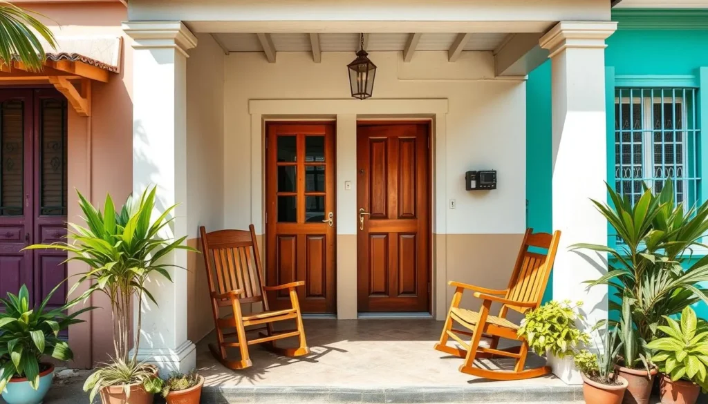 Traditional casa particular in Jovellanos with colorful facade and rocking chairs on the porch