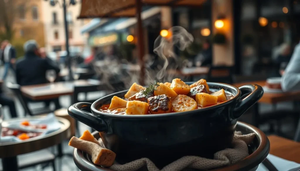 Traditional cassoulet dish being served at outdoor restaurant in Toulouse during fall