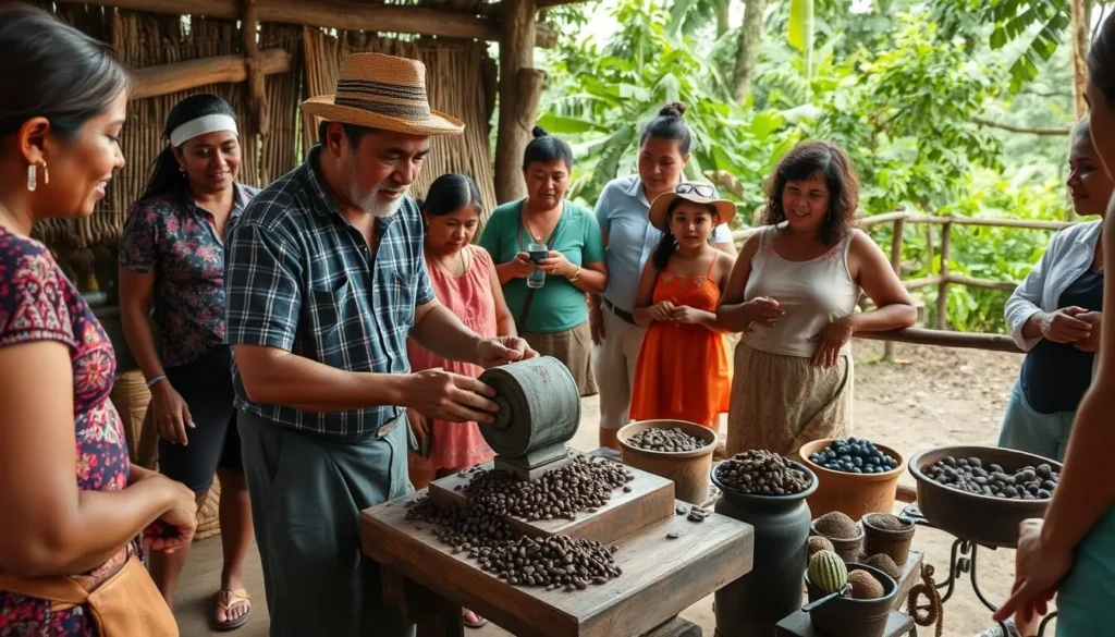 Traditional chocolate making demonstration at a cacao farm in Tabasco