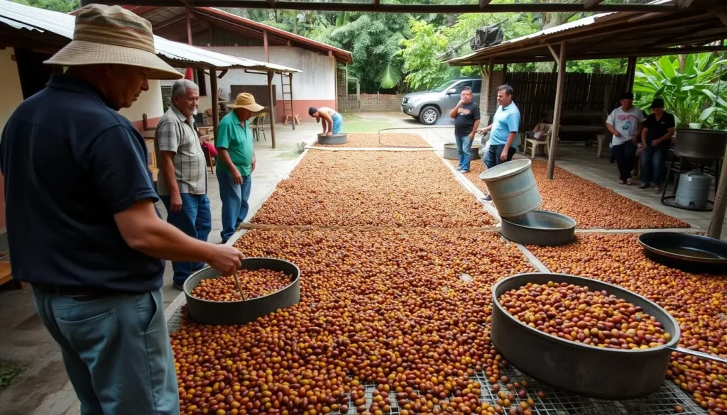 Traditional coffee processing demonstration near Montecristo Trifinio National Park with local farmers showing visitors the process