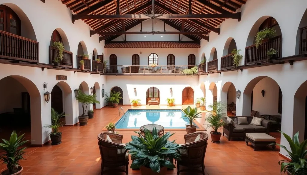 Traditional colonial hotel in Barichara with central courtyard, plants, and swimming pool Traditional colonial hotel in Barichara with central courtyard, plants, and swimming pool