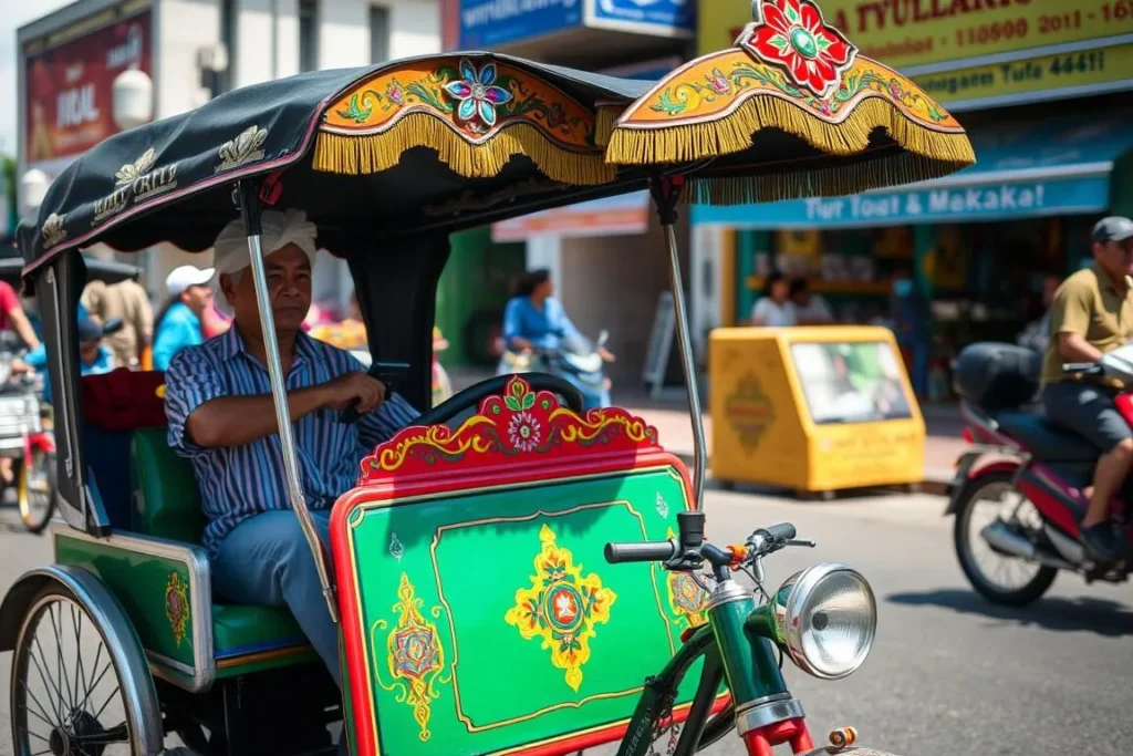 Traditional colorful becak (pedicab) on a Makassar street with driver waiting for passengers