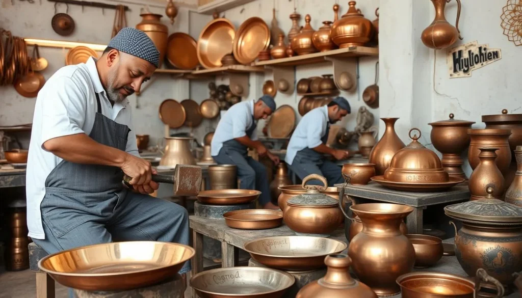 Traditional copper artisans working in Kairouan's copper district