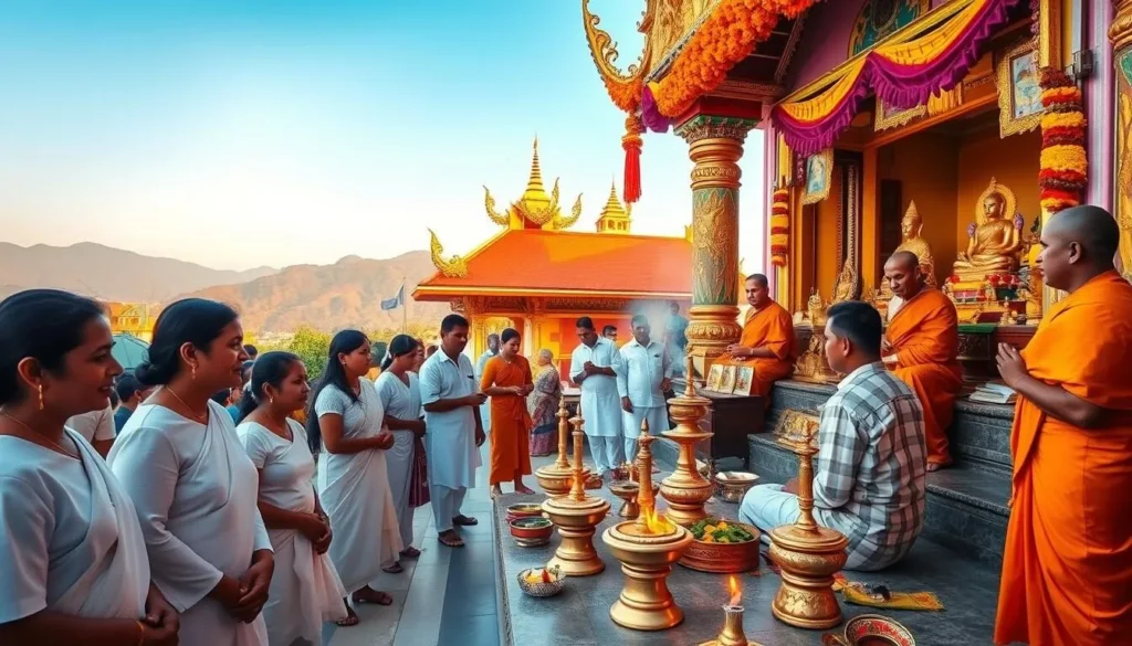 Traditional cultural ceremony at a temple near Hantana Mountain Range with colorful decorations