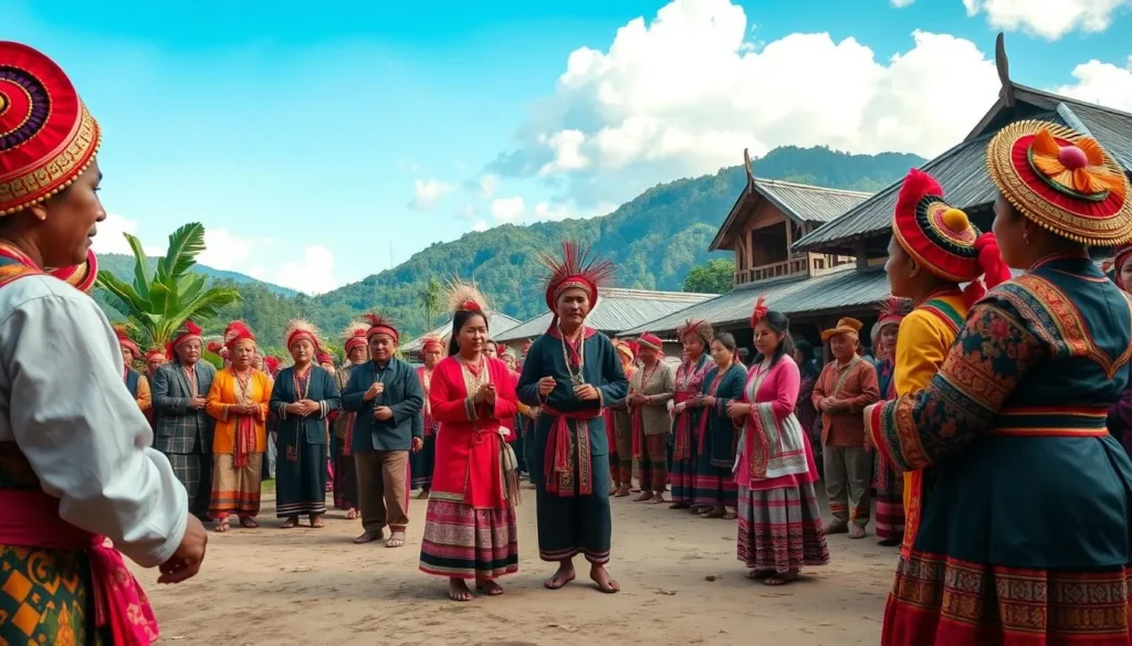 Traditional cultural ceremony taking place in a village near Lake Matano with locals in traditional attire
