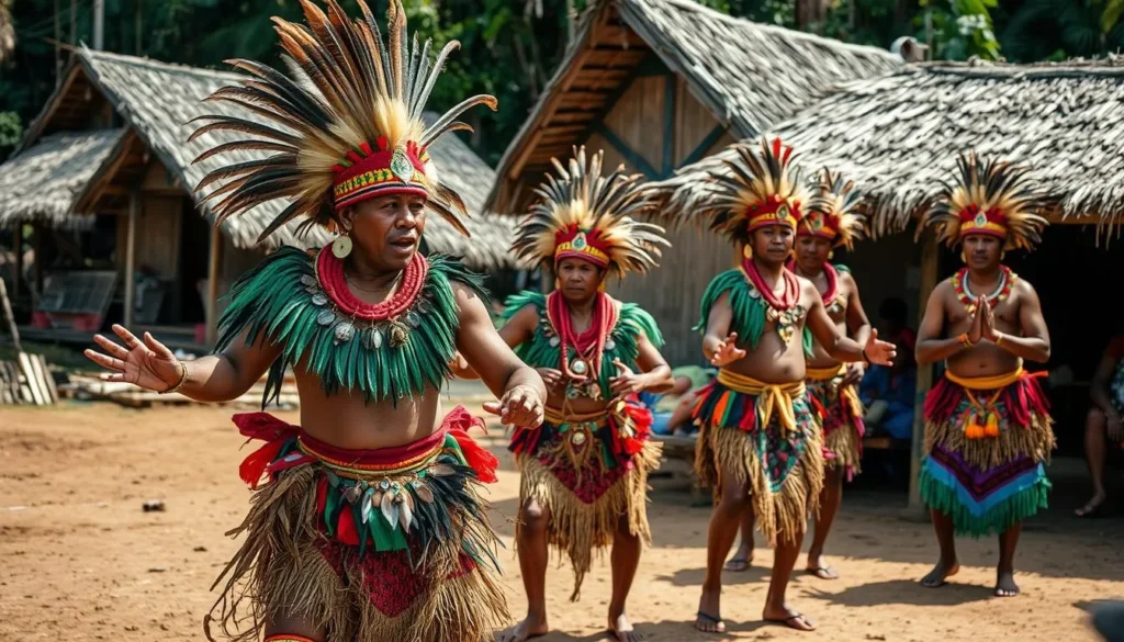 Traditional dance performance by indigenous Marind people in traditional attire