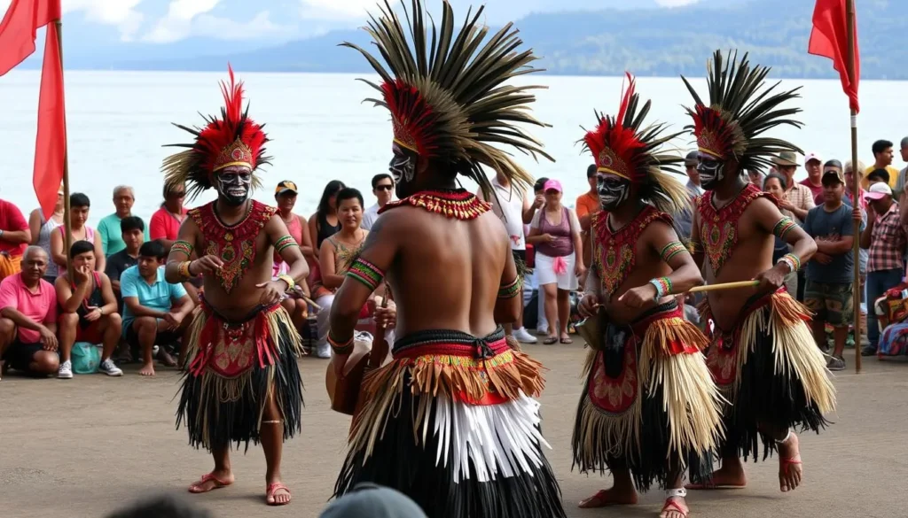Traditional dancers in colorful Papuan costumes performing at the Lake Sentani Festival