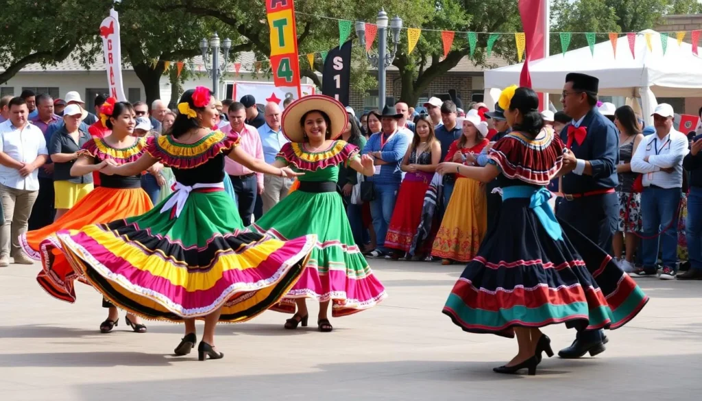 Traditional dancers performing at a Socorro, Texas cultural festival in colorful attire Traditional dancers performing at a Socorro, Texas cultural festival in colorful attire