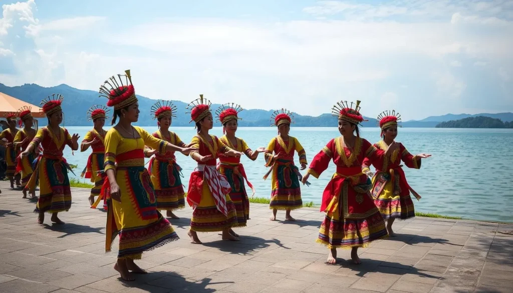 Traditional dancers performing at the Lake Poso Festival with colorful costumes