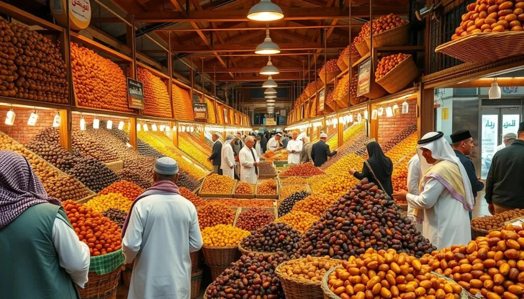 Traditional dates market in Madinah showing various types of dates for sale with vendors and diverse customers shopping