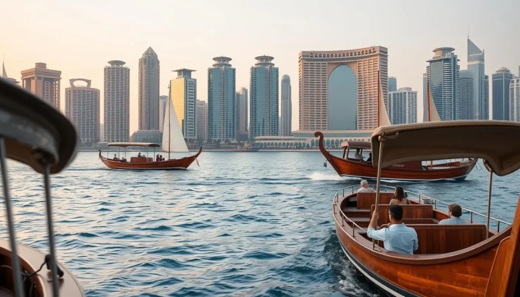 Traditional dhow boat cruise along Doha Bay with city skyline views