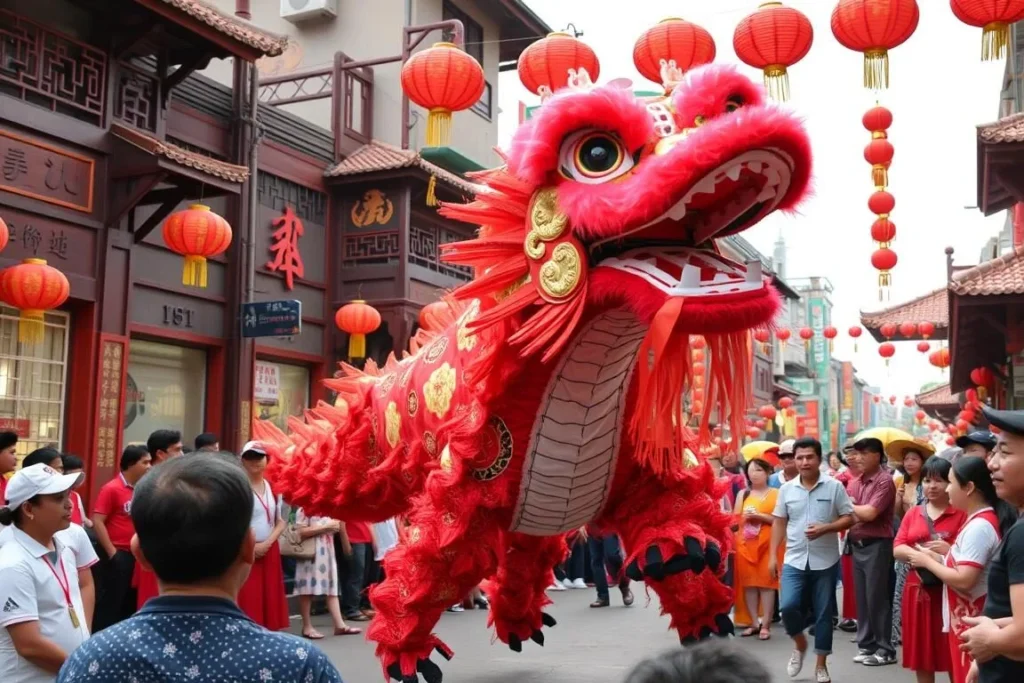 Traditional dragon dance performance during Chinese New Year celebrations in Jakarta's Glodok district with spectators and red decorations