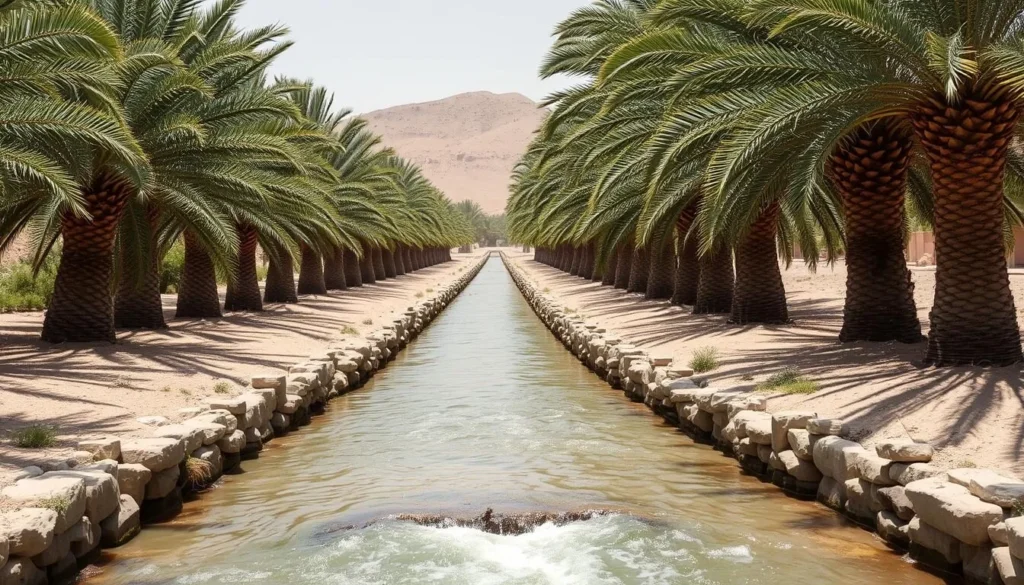 Traditional falaj irrigation channel flowing through date palm groves in Al Awabi
