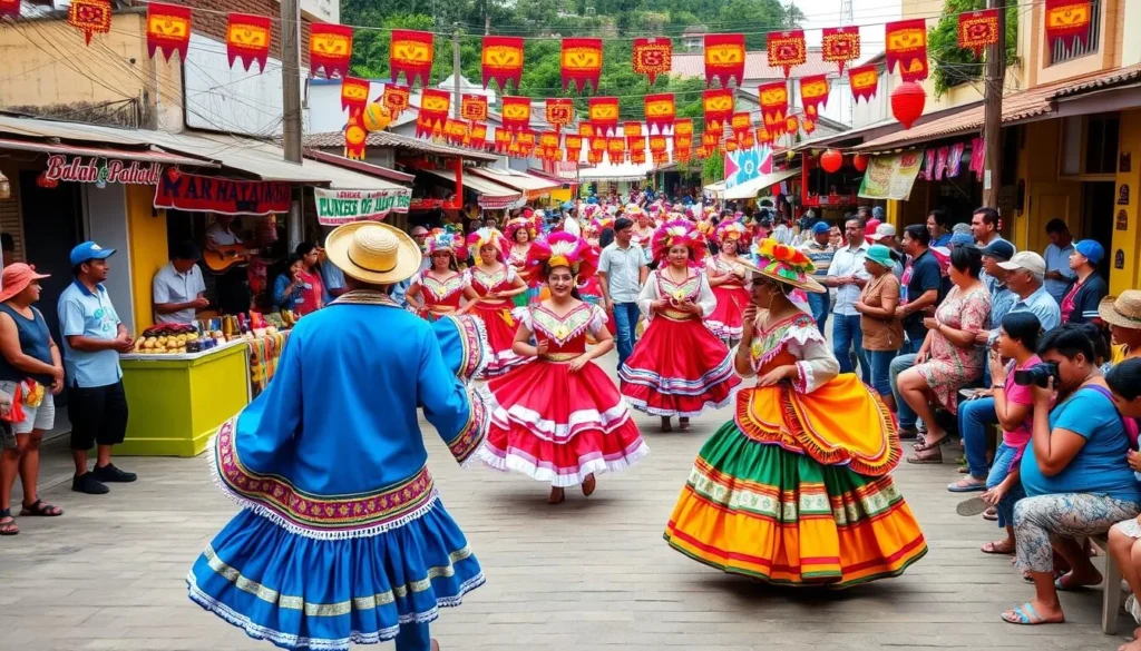 Traditional festival celebration in La Lima Honduras with colorful decorations and dancers