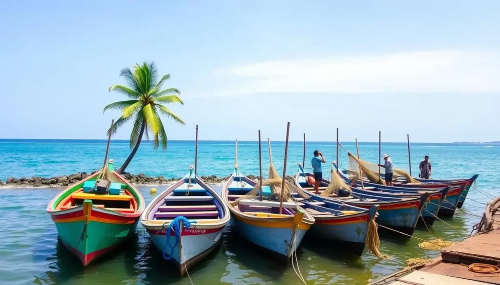 Traditional fishing boats at Kakarativu Island harbor, Sri Lanka