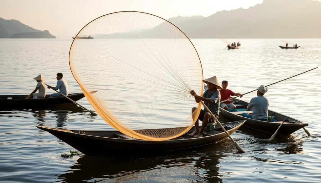 Traditional fishing demonstration by local villagers on Nam Theun 2 Reservoir showing net casting techniques
