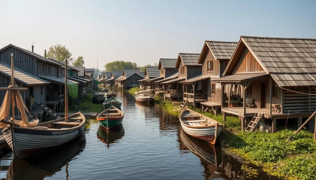 Traditional fishing village in the Volga Delta with wooden houses on stilts