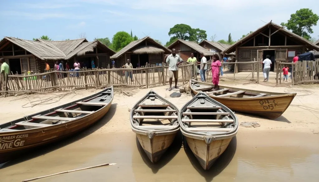 Traditional fishing village near Mikea National Park with wooden boats and huts