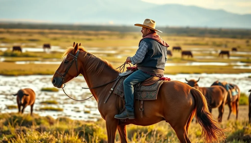 Traditional gaucho on horseback herding cattle near the wetlands