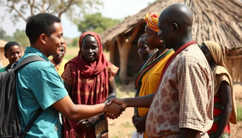 Traditional greeting between visitors and South Sudanese locals showing cultural exchange