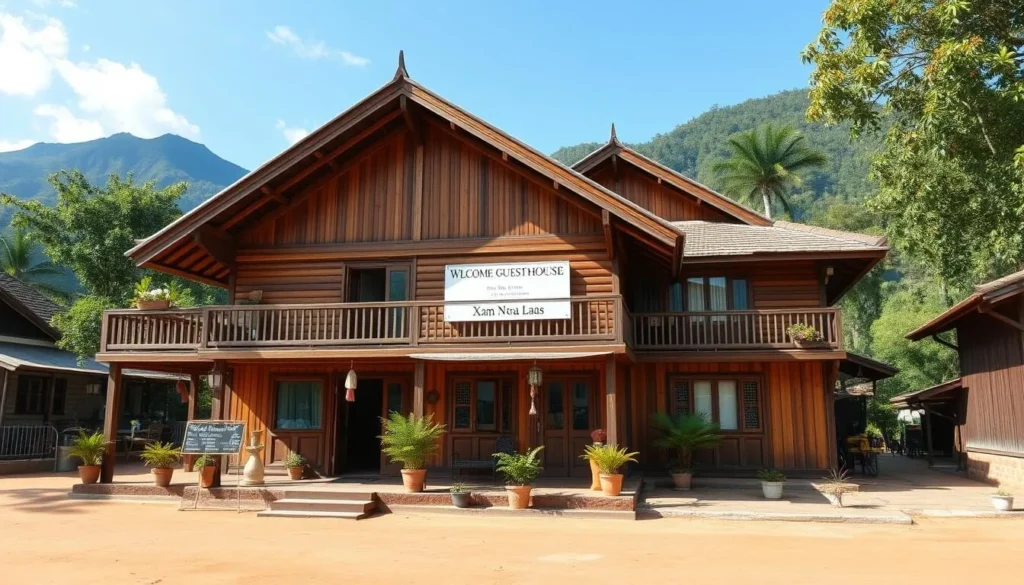 Traditional guesthouse in Xam Neua with wooden architecture and mountain views