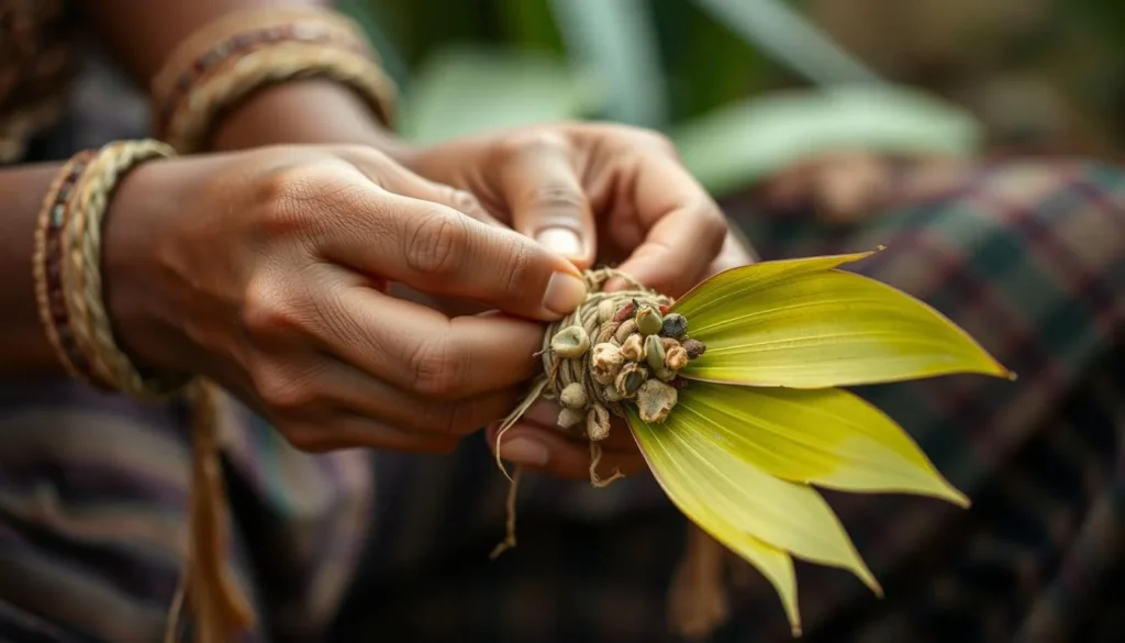 Traditional handicraft making demonstration with natural materials from Madidi National Park