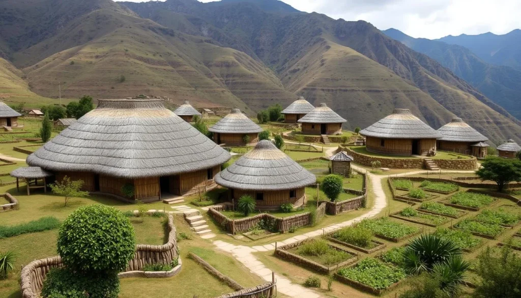 Traditional highland village in Lorentz National Park with traditional houses and gardens Traditional highland village in Lorentz National Park with traditional houses and gardens
