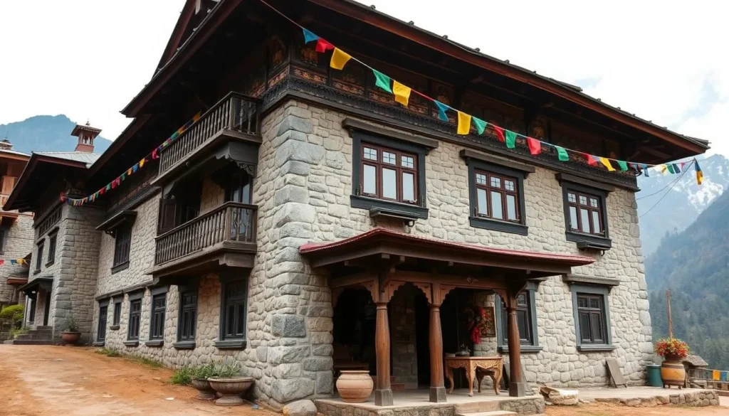 Traditional homestay in a Lunana village with stone and wood architecture and prayer flags