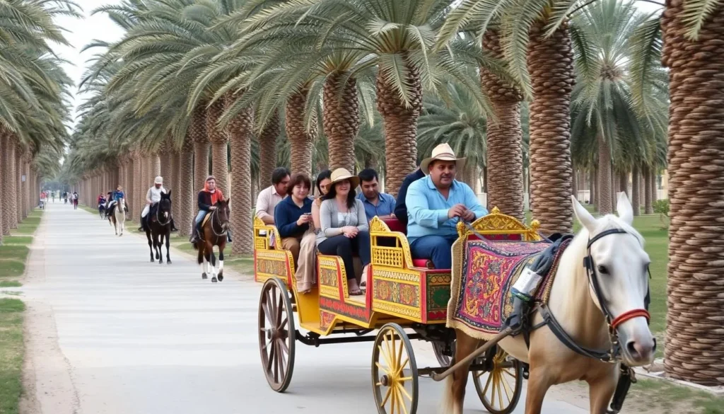Traditional horse-drawn carriage tour through Tozeur's palm grove with tourists enjoying the ride
