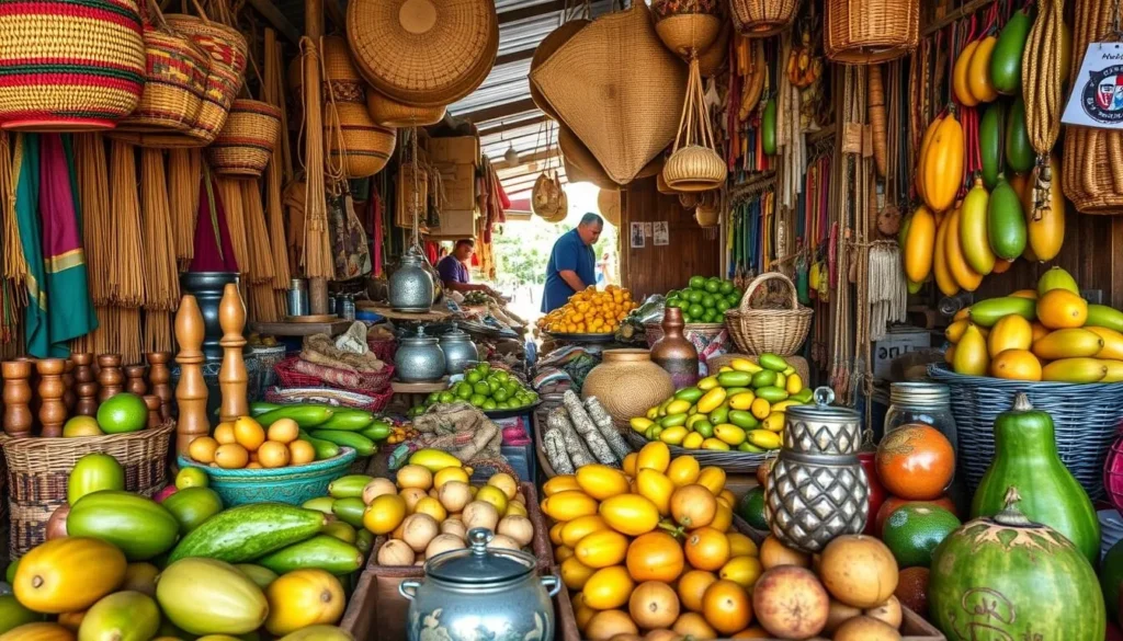 Traditional indigenous crafts and exotic fruits at the Leticia local market, Colombia Traditional indigenous crafts and exotic fruits at the Leticia local market, Colombia