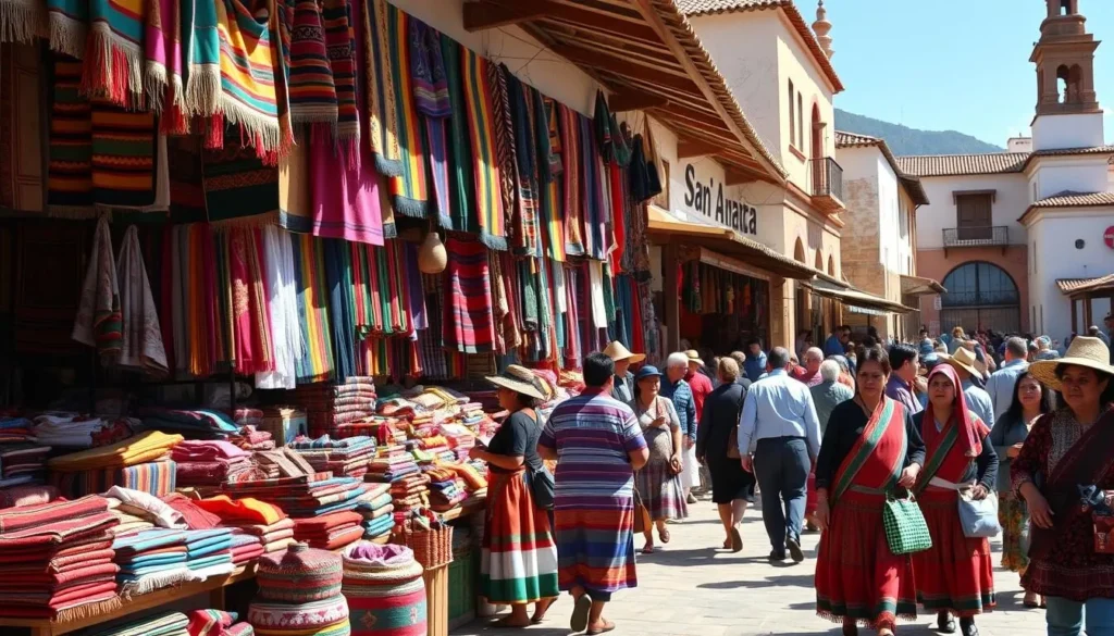 Traditional indigenous market in San Cristobal with colorful textiles and crafts
