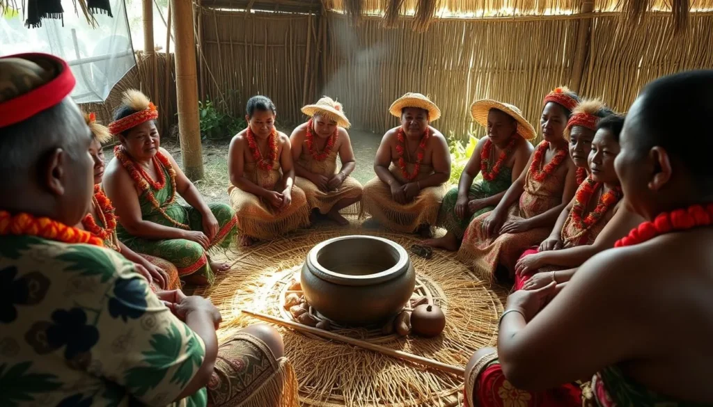 Traditional kava ceremony in Wallis and Futuna with locals in traditional dress