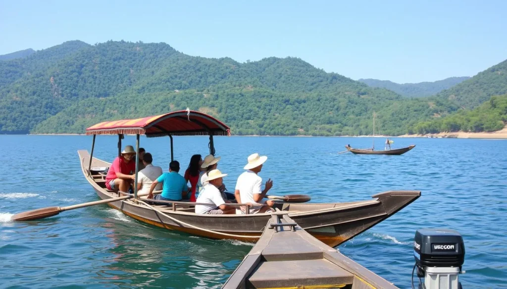 Traditional long-tail boat navigating Nam Theun 2 Reservoir with tourists enjoying the scenery