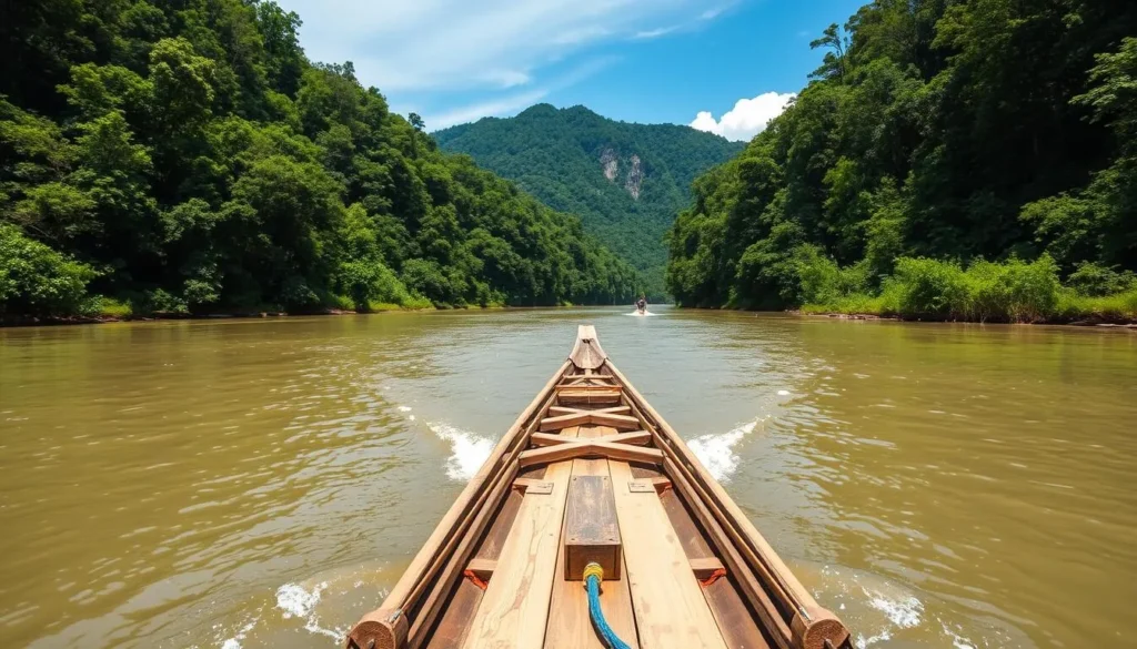 Traditional long-tail boat on the SeBang Hieng River in Dong Phou Vieng Traditional long-tail boat on the SeBang Hieng River in Dong Phou Vieng