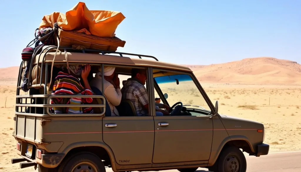 Traditional louage (shared taxi) transportation in Tataouine with passengers