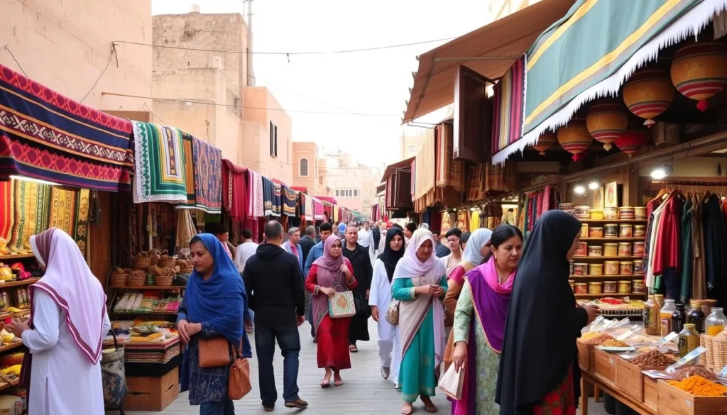 Traditional market in Douz with colorful textiles and crafts