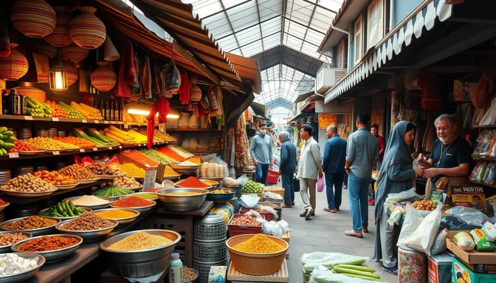 Traditional market scene in South Tangerang with vendors and local shoppers