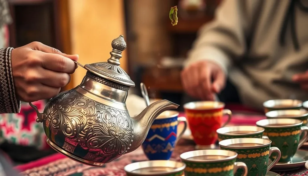 Traditional mint tea ceremony in Tiznit with ornate teapot and glasses