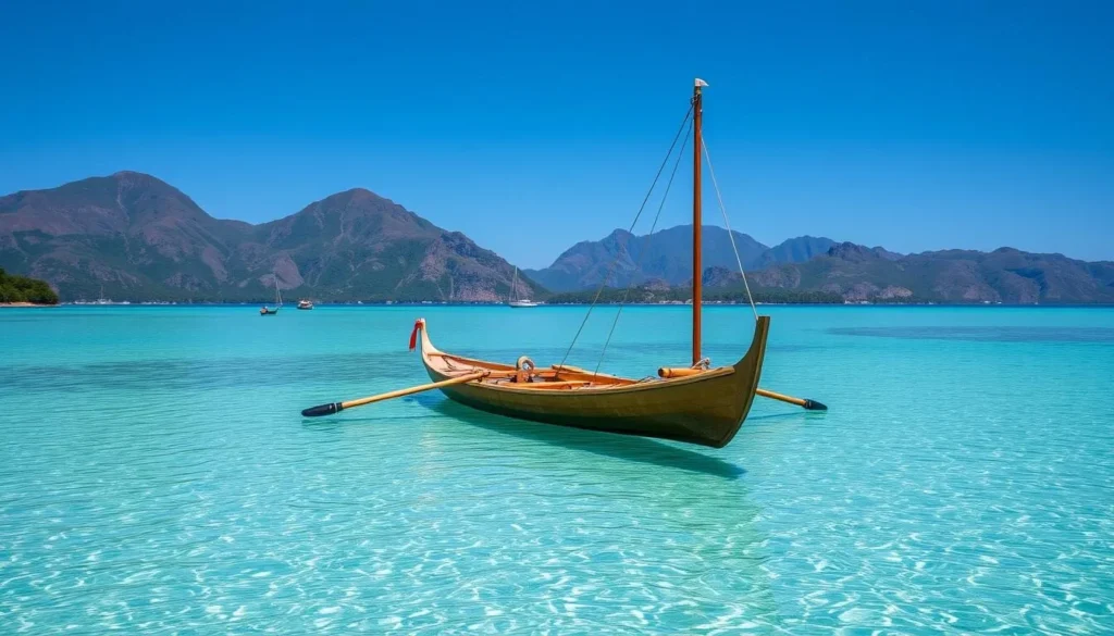 Traditional outrigger canoe on the lagoon of Mata Utu, Wallis and Futuna with mountains in background