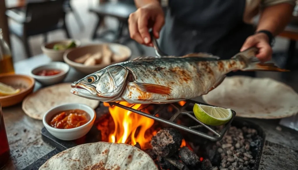 Traditional pescado a las brasas (grilled fish) being prepared over a wood-fired stove on Isla Ixtapa