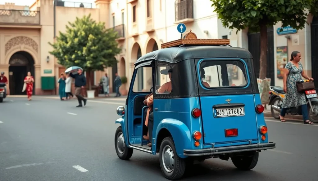 Traditional petit taxi in Settat with local streets and architecture in background