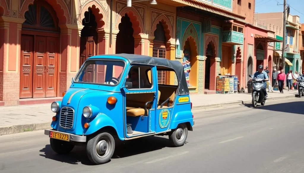 Traditional petit taxi in Souk El Arbaa with colorful Moroccan architecture in the background Traditional petit taxi in Souk El Arbaa with colorful Moroccan architecture in the background
