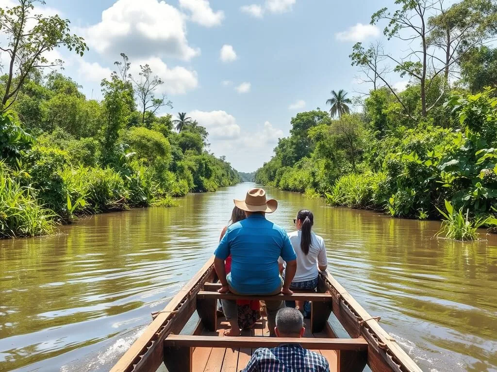 Traditional pirogue boat trip on the Canal des Pangalanes with tourists enjoying the scenery
