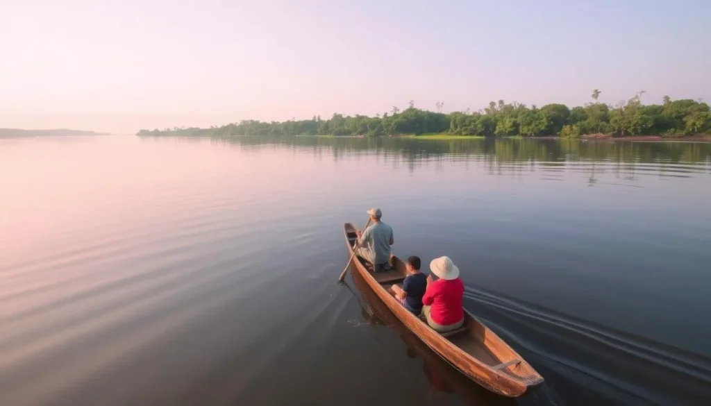 Traditional pirogue (dugout canoe) ride on the Antomboka River near Antalaha, Madagascar Traditional pirogue (dugout canoe) ride on the Antomboka River near Antalaha, Madagascar