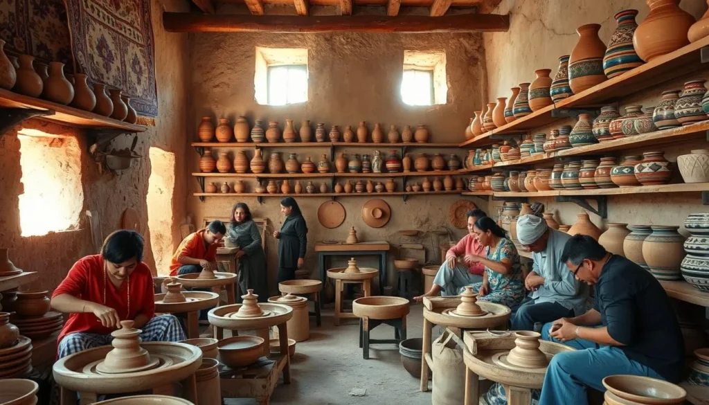 Traditional pottery workshop in Suq as-Sabt Awlad an-Nama with artisans at work