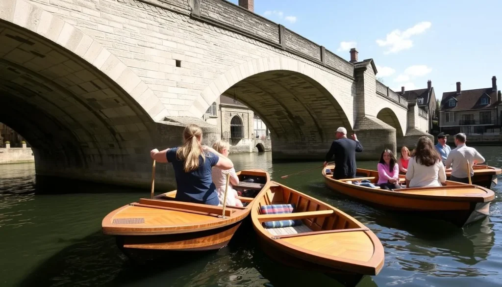 Traditional punting boats on the River Stour passing under a historic bridge in Canterbury